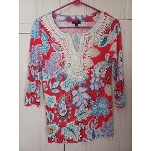 Talbots lace trim paisley tunic top SPetite preppy boho beach Coastal Grandma